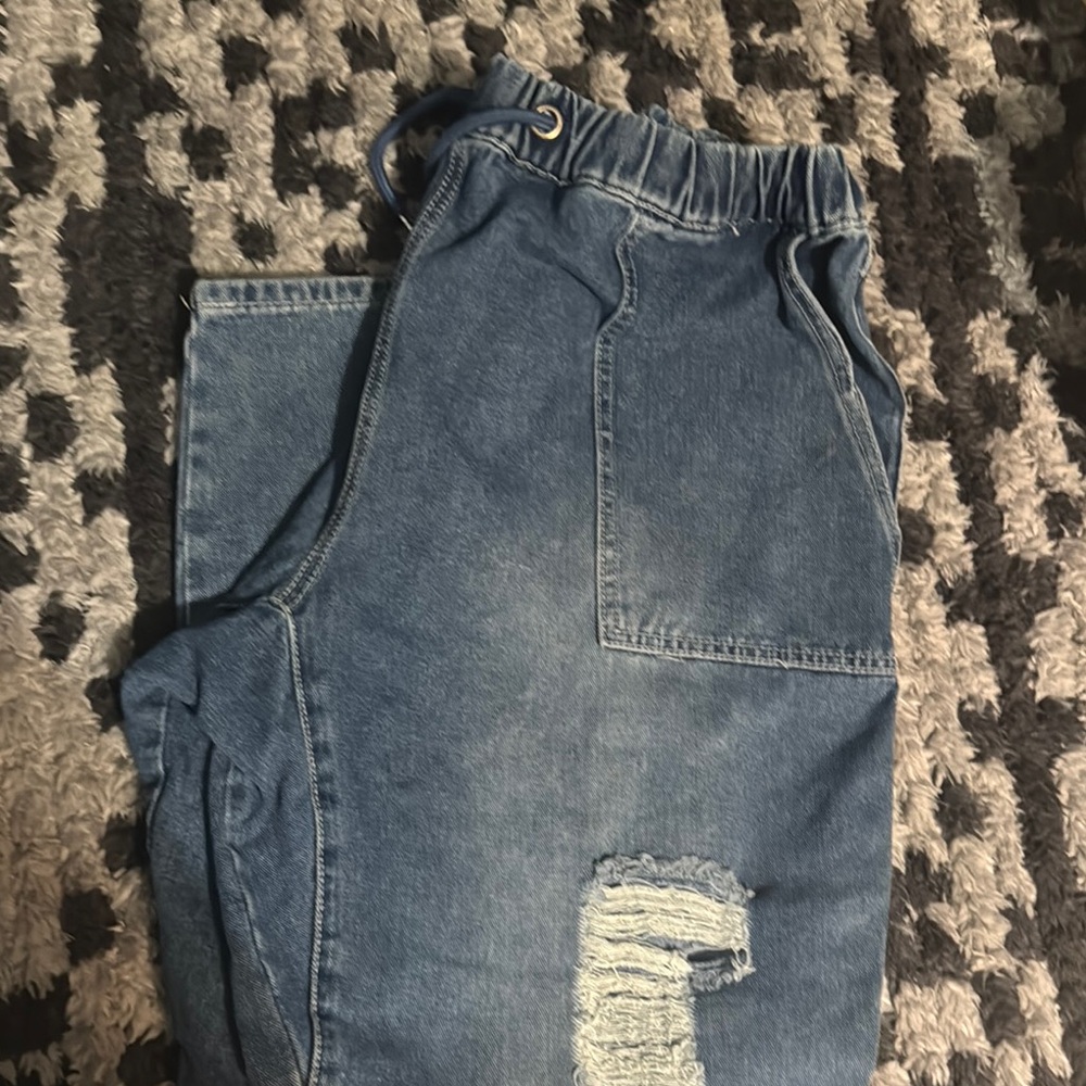 Blue Distressed Denim Joggers